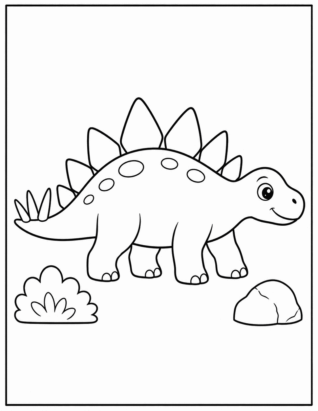 Outline drawing of a smiling Stegosaurus standing near a bush, a rock, and a cloud