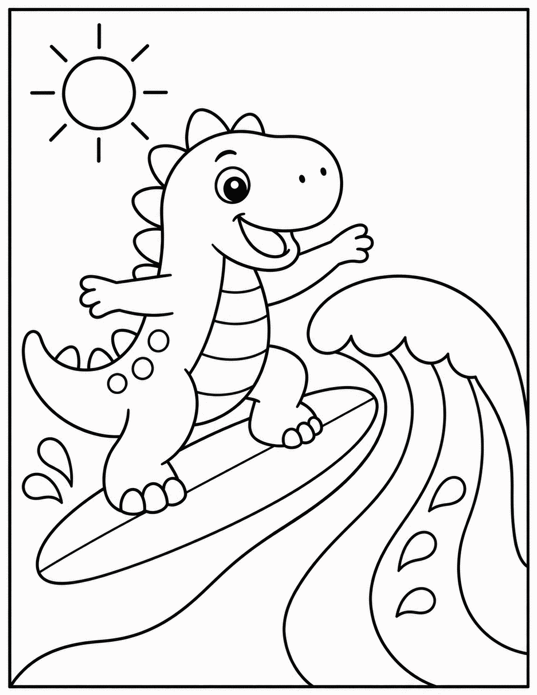 Outline drawing of a baby dinosaur riding a surfboard on a big ocean wave