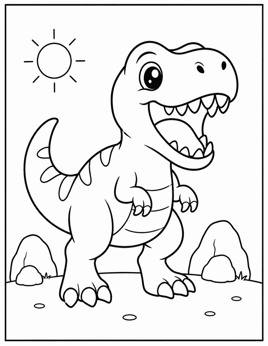 Outline drawing of a T-Rex roaring with a sun in the corner and rocks on the ground