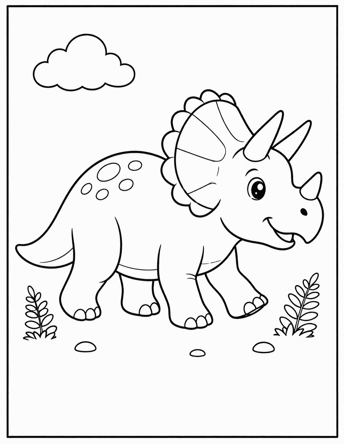 Outline drawing of a Triceratops with a neck frill and three horns walking past ferns