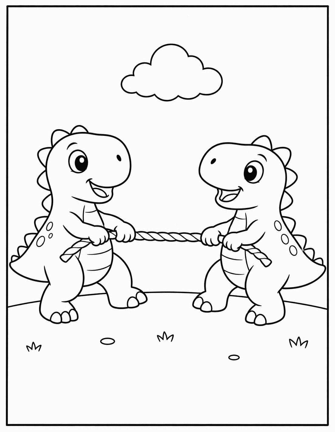 Outline drawing of two baby dinosaurs playing tug of war with a rope