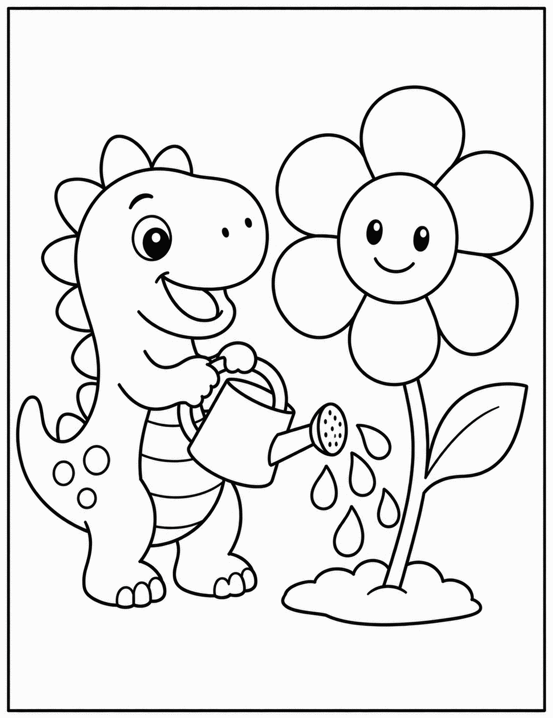 Outline drawing of a dinosaur watering a smiling flower with a watering can