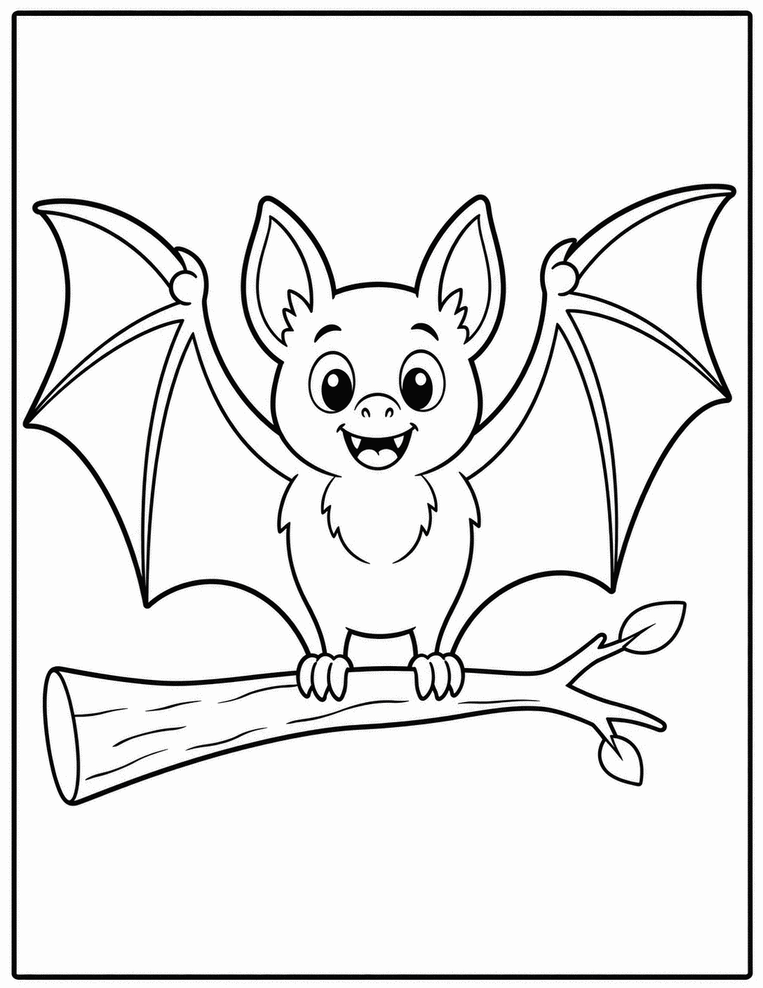 Outline drawing of a smiling bat with wings spread perched on a tree branch