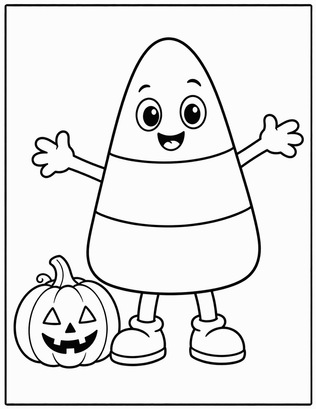 Outline drawing of a smiling candy corn character with arms and legs next to a jack-o'-lantern