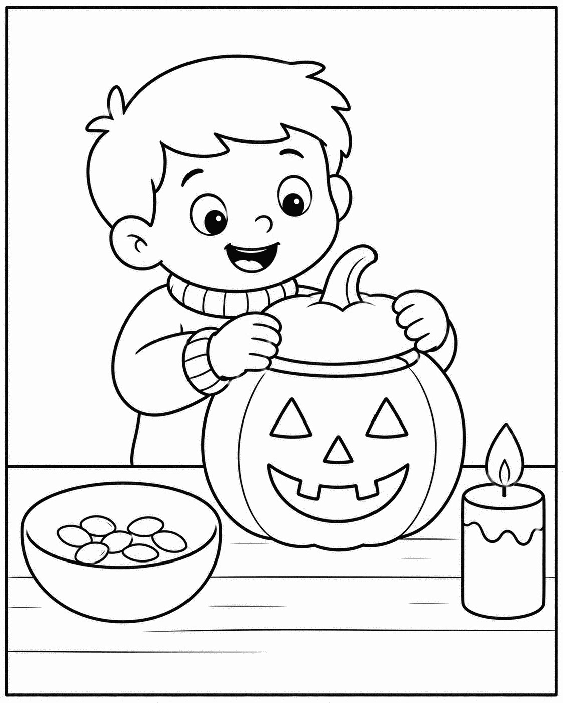 Outline drawing of a child decorating a jack-o'-lantern at a table with a candy bowl and a lit candle