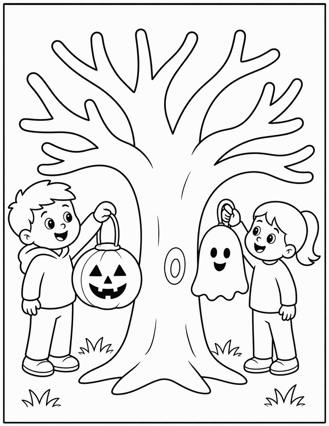 Outline drawing of a boy and girl hanging a jack-o'-lantern and a ghost decoration on a bare tree