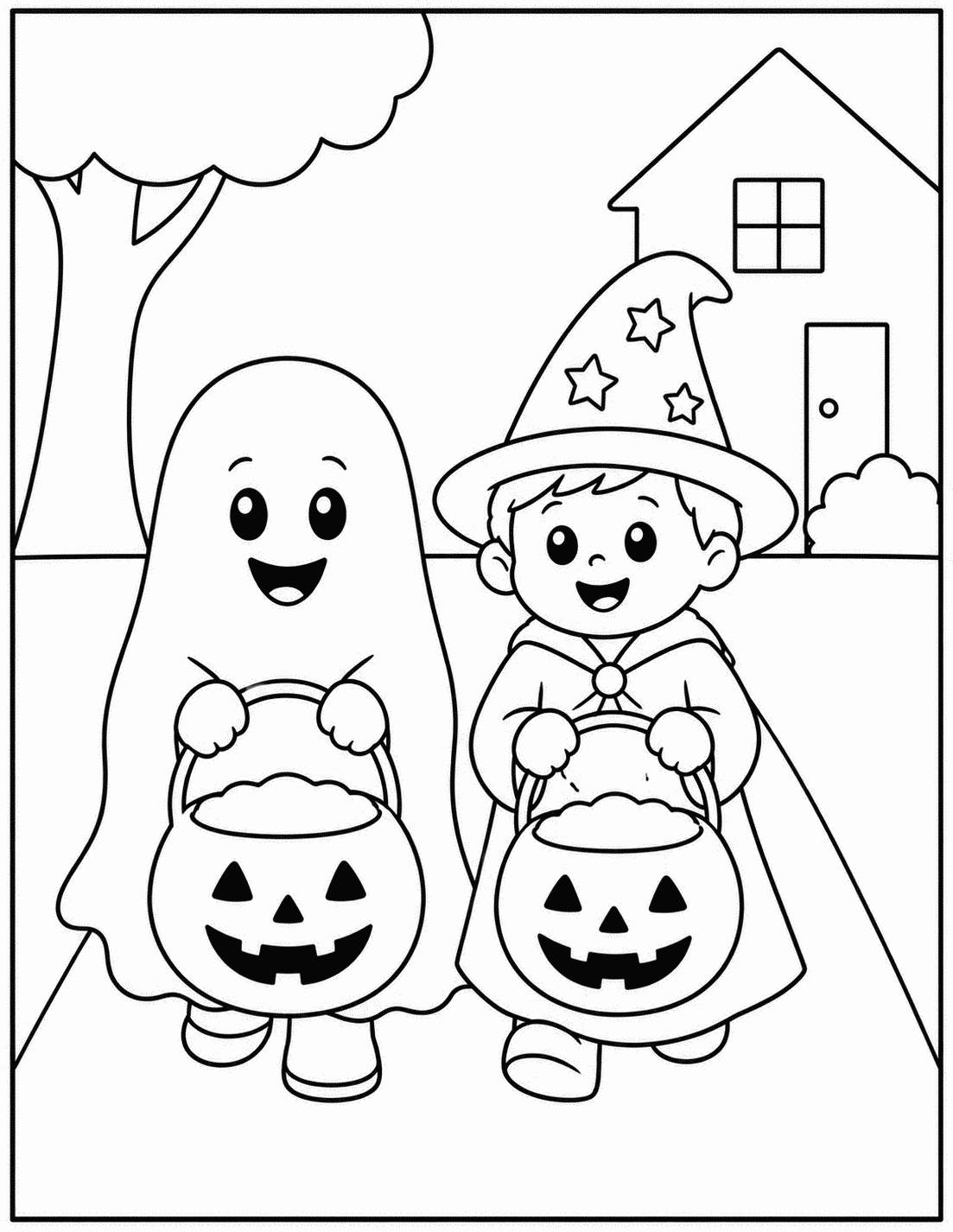 Outline drawing of a kid in a ghost costume and a kid in a star-covered wizard hat holding jack-o'-lantern candy buckets in front of a house