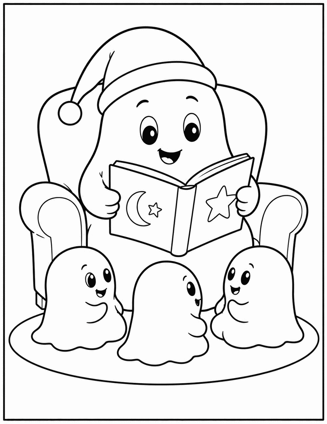 Outline drawing of a ghost in a nightcap reading a bedtime story to three little ghosts