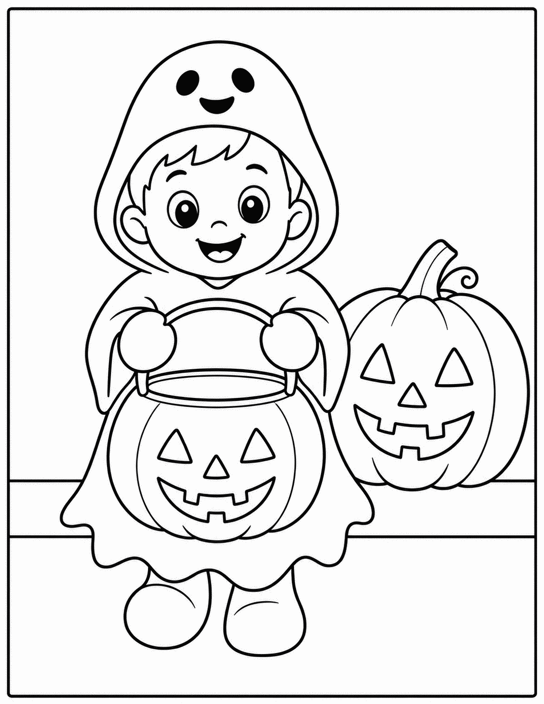 Outline drawing of a child in a ghost costume holding a jack-o'-lantern candy bucket next to a carved pumpkin