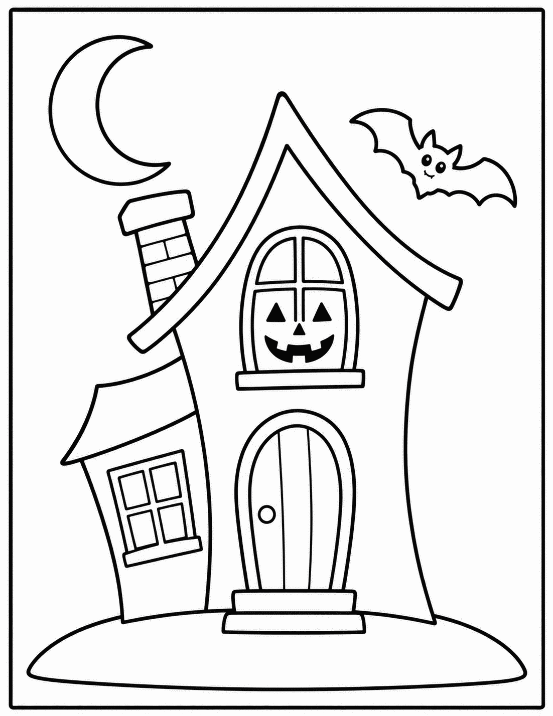 Outline drawing of a crooked haunted house with a pumpkin-face window, a crescent moon, and a bat flying past