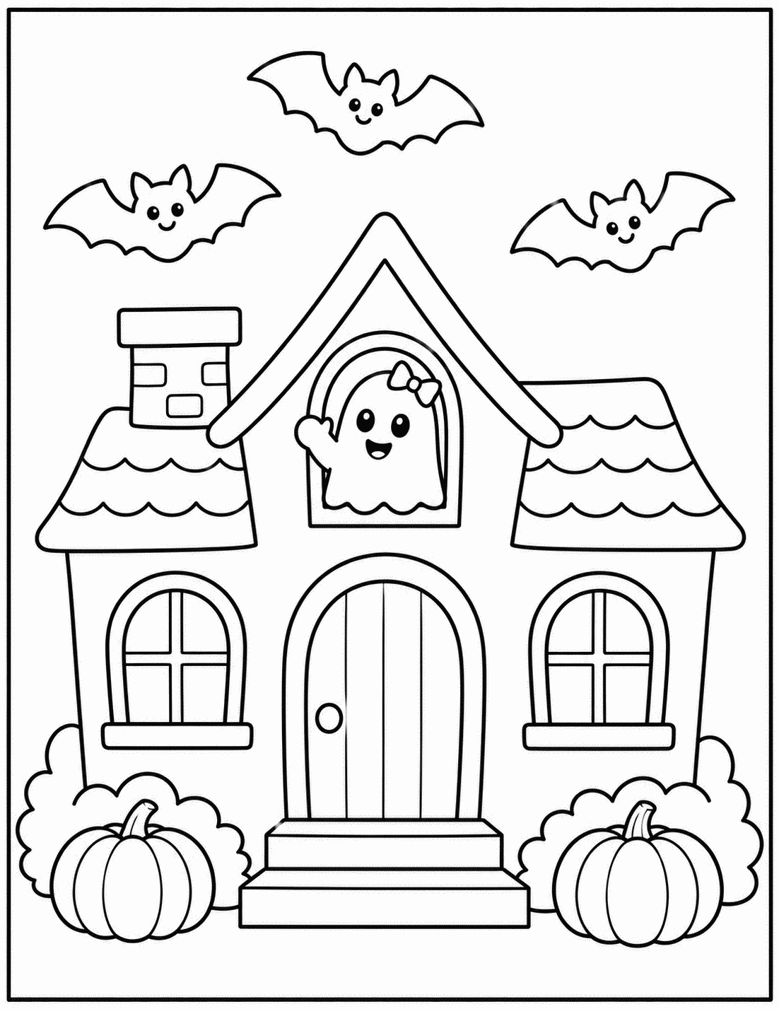 Outline drawing of a haunted house with three bats flying overhead and a ghost waving from the window