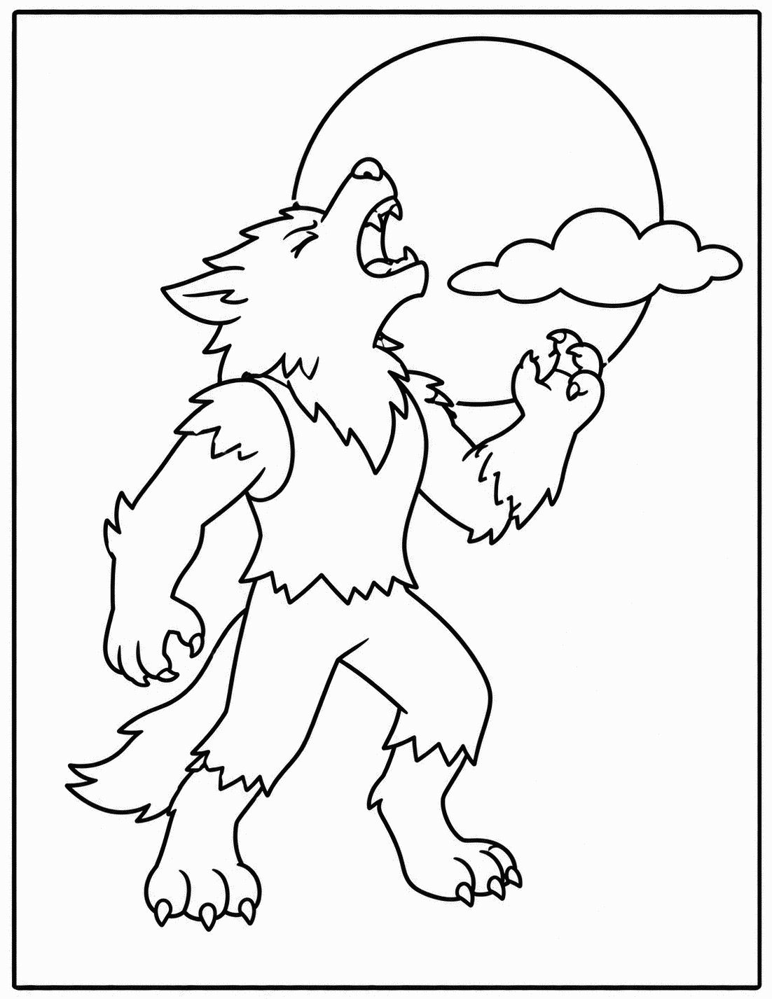 Outline drawing of a werewolf howling at a full moon with a cloud passing by