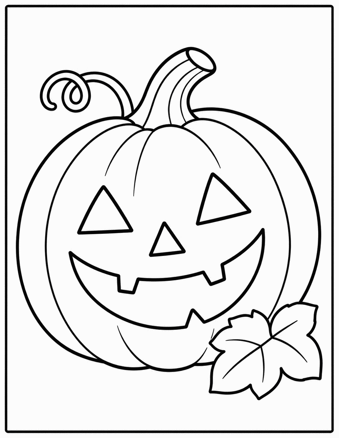 Outline drawing of a carved jack-o'-lantern pumpkin with a curly stem and a leaf beside it