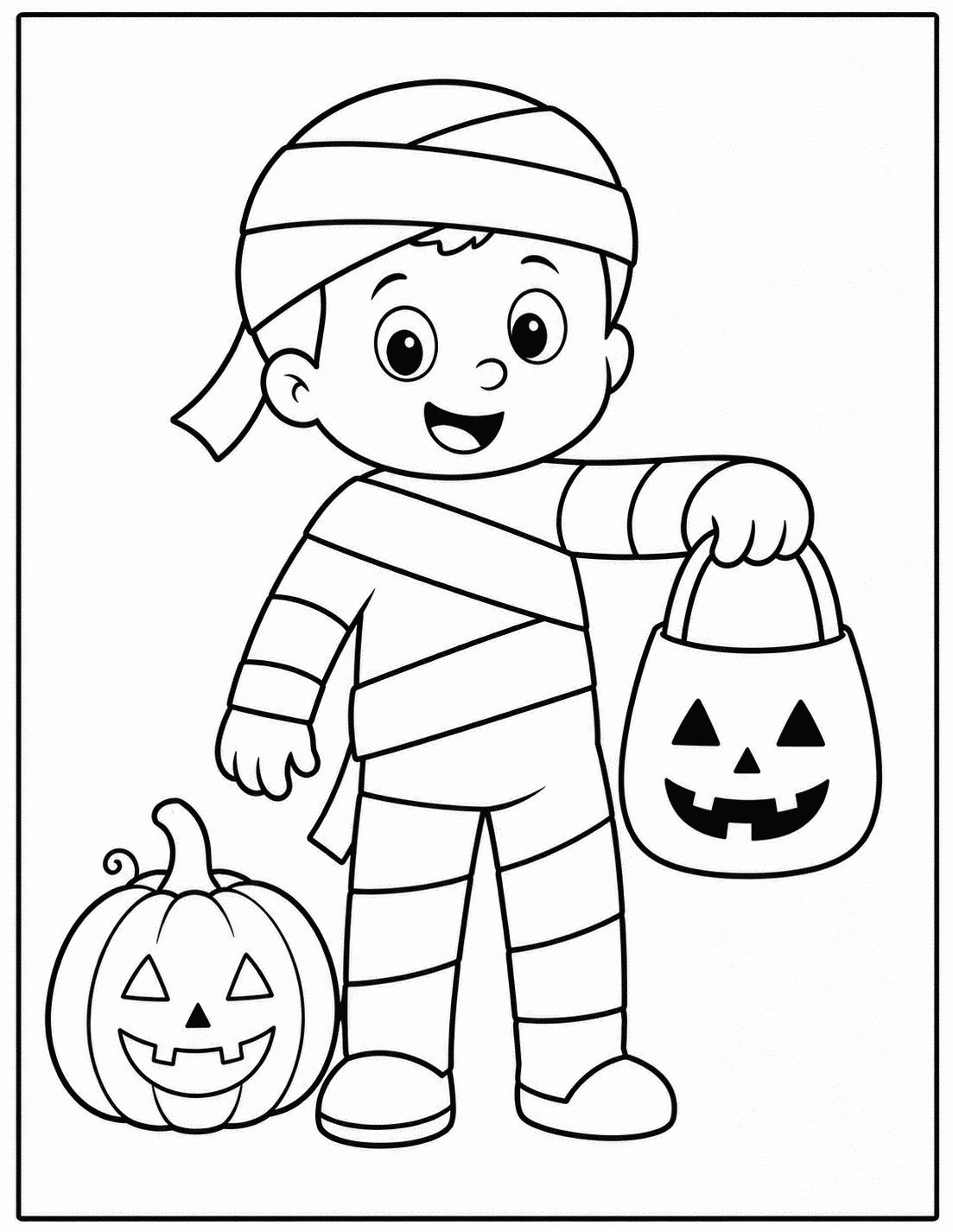 Outline drawing of a child in a mummy costume holding a jack-o'-lantern candy bucket next to a carved pumpkin