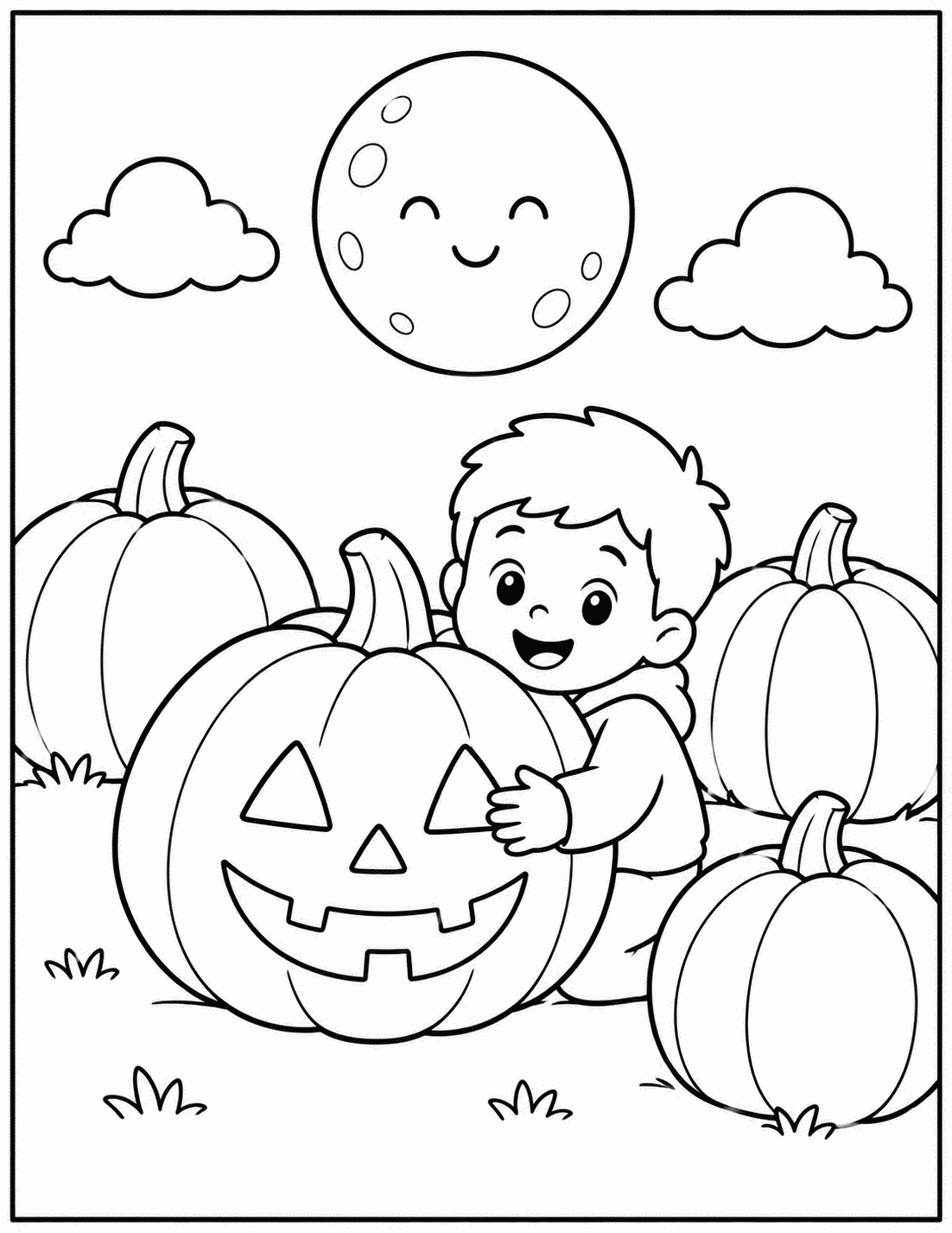 Outline drawing of a child hugging a big jack-o'-lantern in a pumpkin patch under a smiling moon