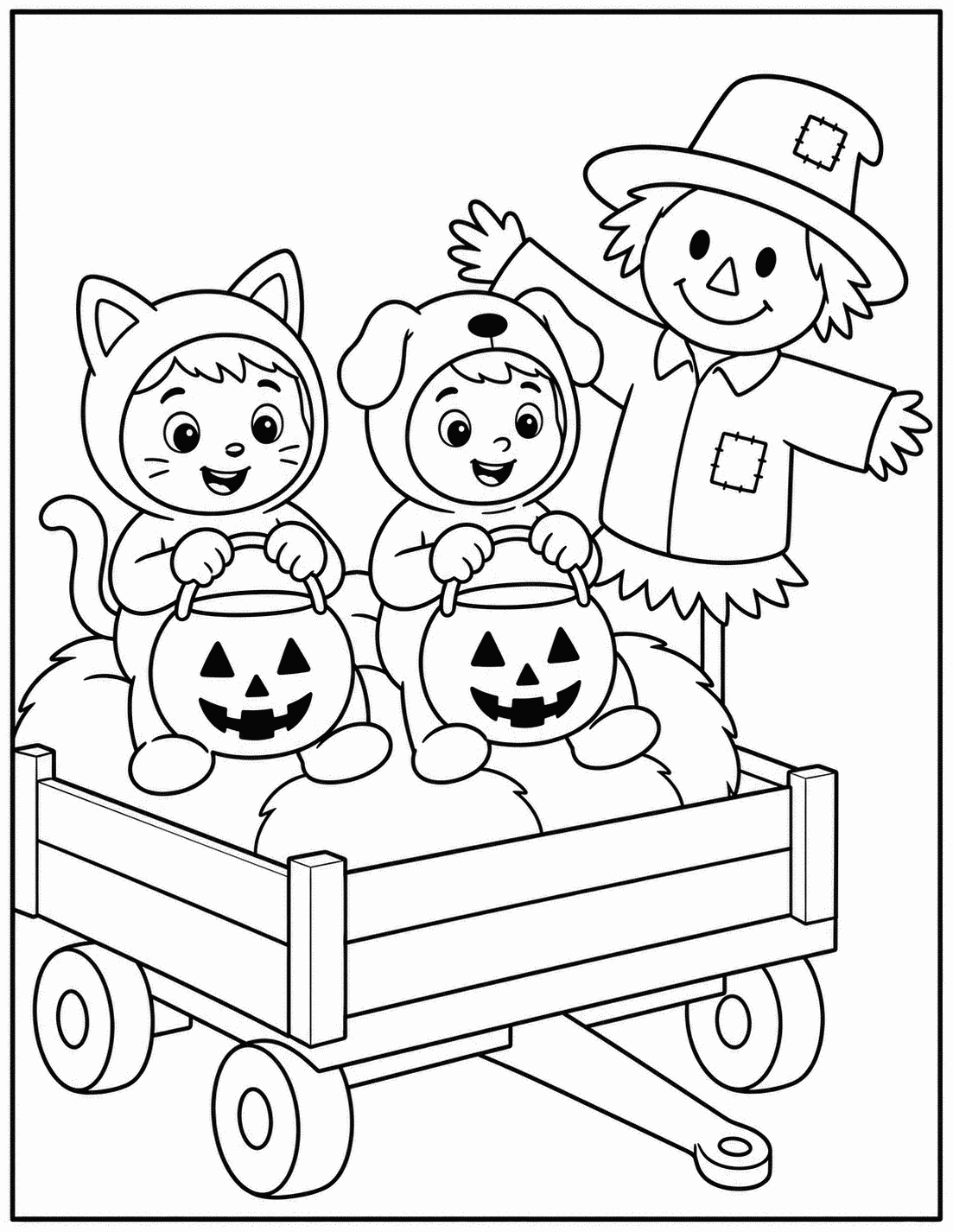 Outline drawing of two kids in cat and dog costumes riding in a wagon with jack-o'-lantern buckets next to a waving scarecrow