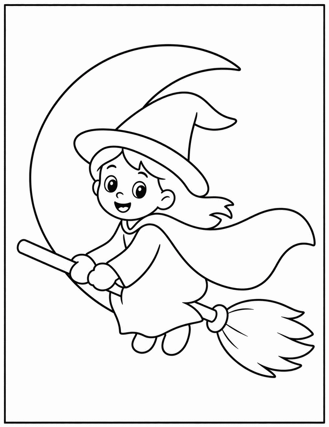 Outline drawing of a young witch flying on a broomstick in front of a crescent moon