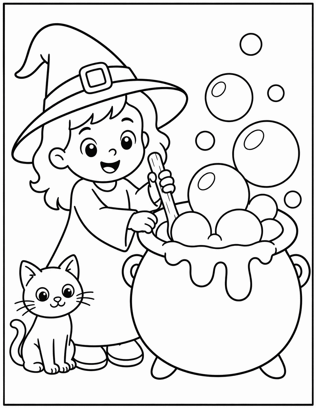Outline drawing of a young witch stirring a bubbling cauldron next to a black cat