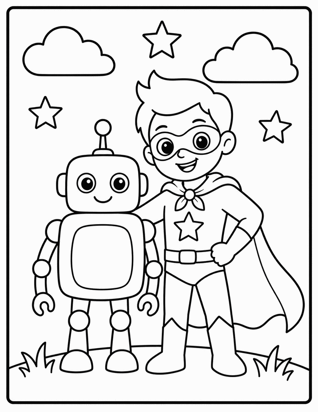 Outline drawing of a superhero boy standing next to a friendly robot