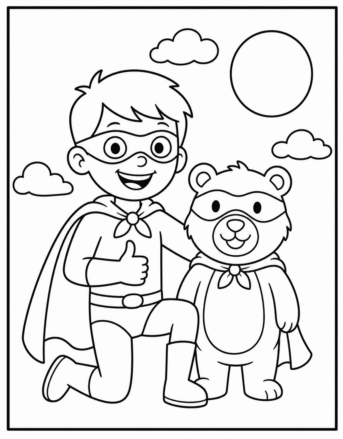 Outline drawing of a superhero boy kneeling next to a teddy bear wearing a matching mask and cape