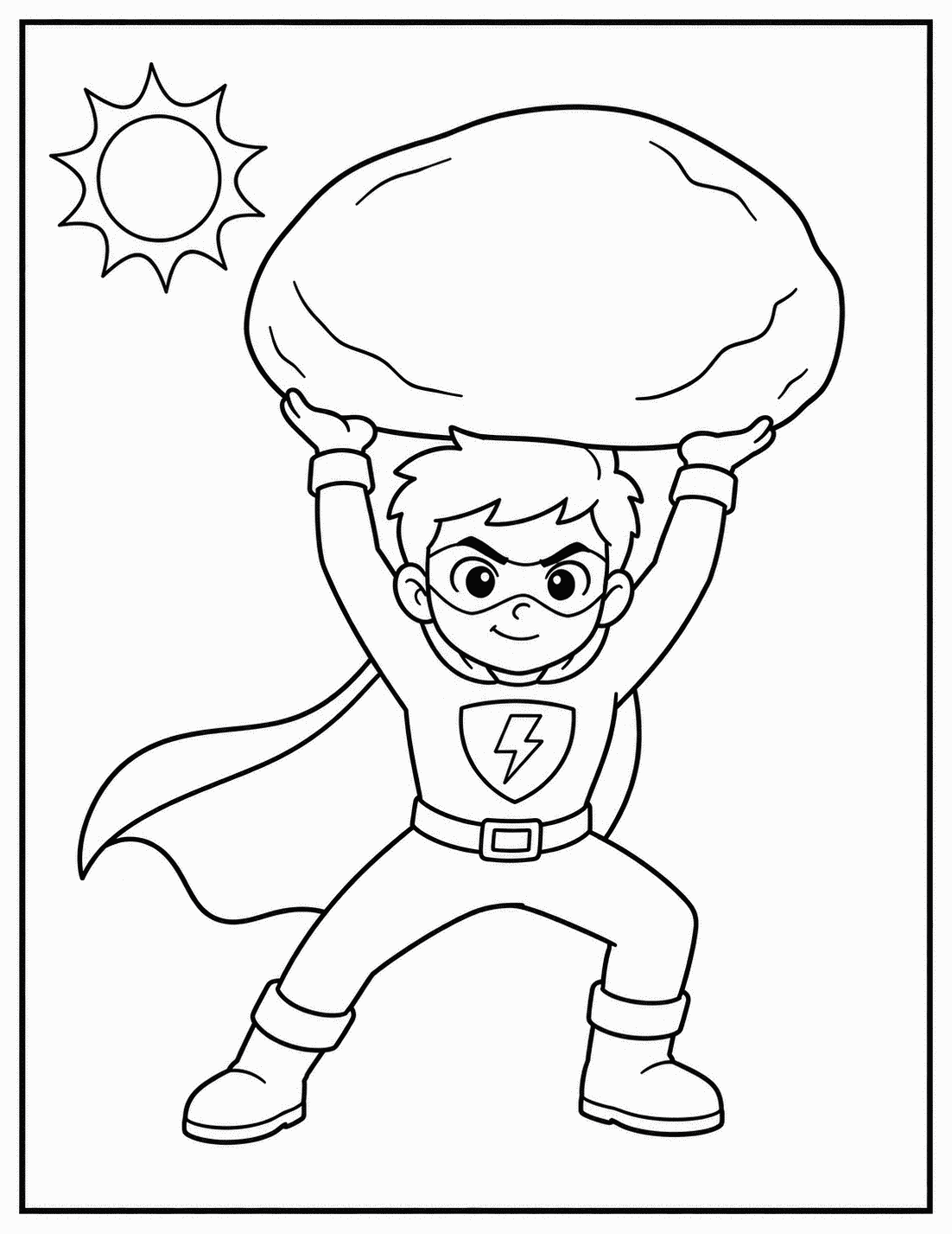 Outline drawing of a superhero boy lifting a large boulder over his head with the sun above