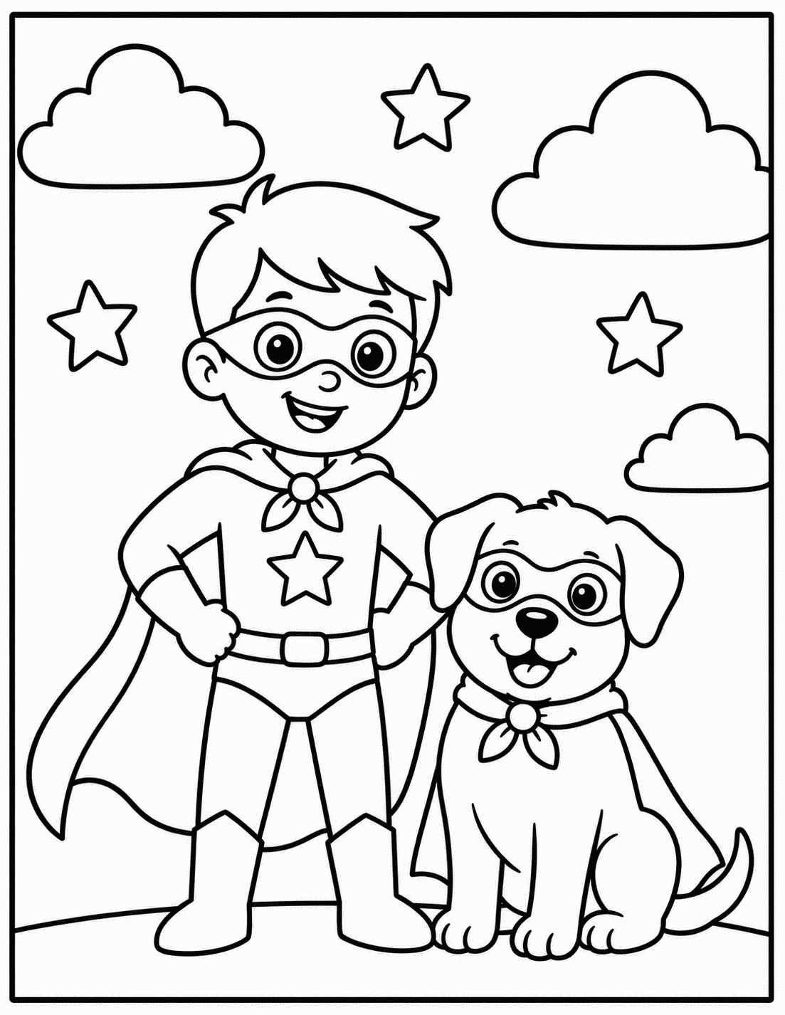 Outline drawing of a superhero boy standing with his caped puppy sidekick and stars