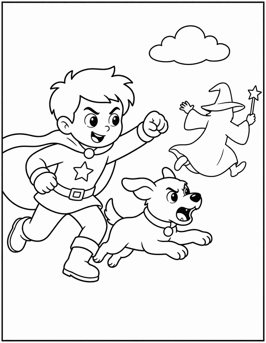 Outline drawing of a superhero boy running with his dog chasing a fleeing wizard under a cloud