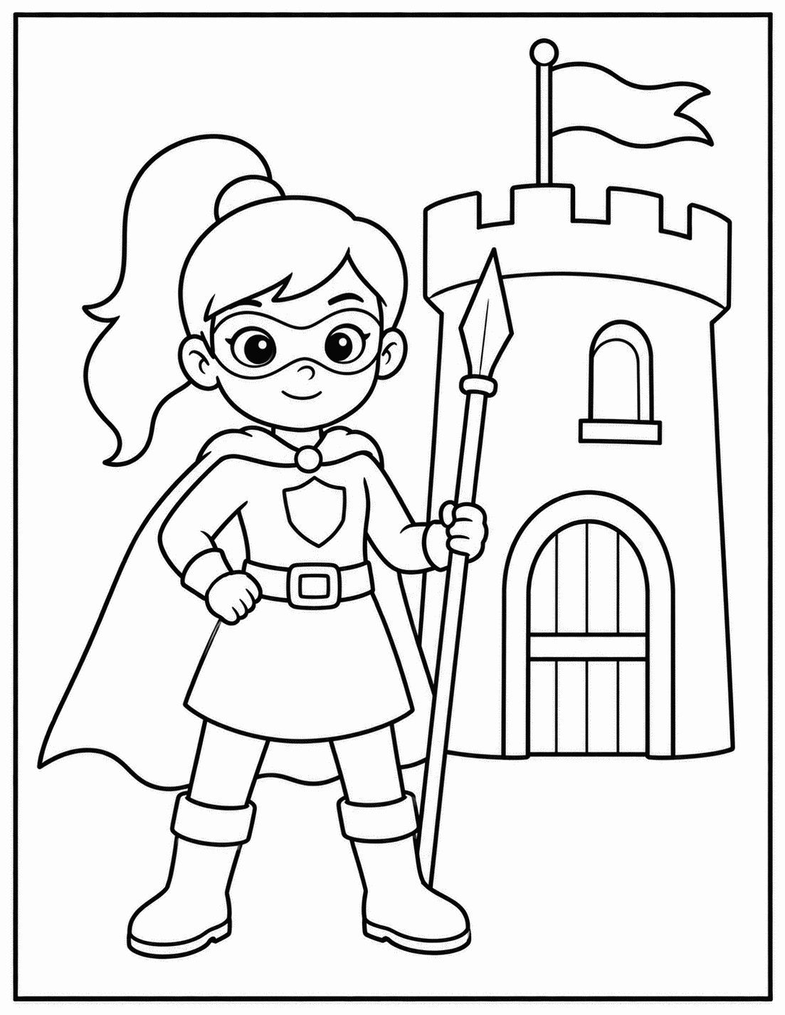 Outline drawing of a superhero girl holding a spear next to a castle tower with a flag