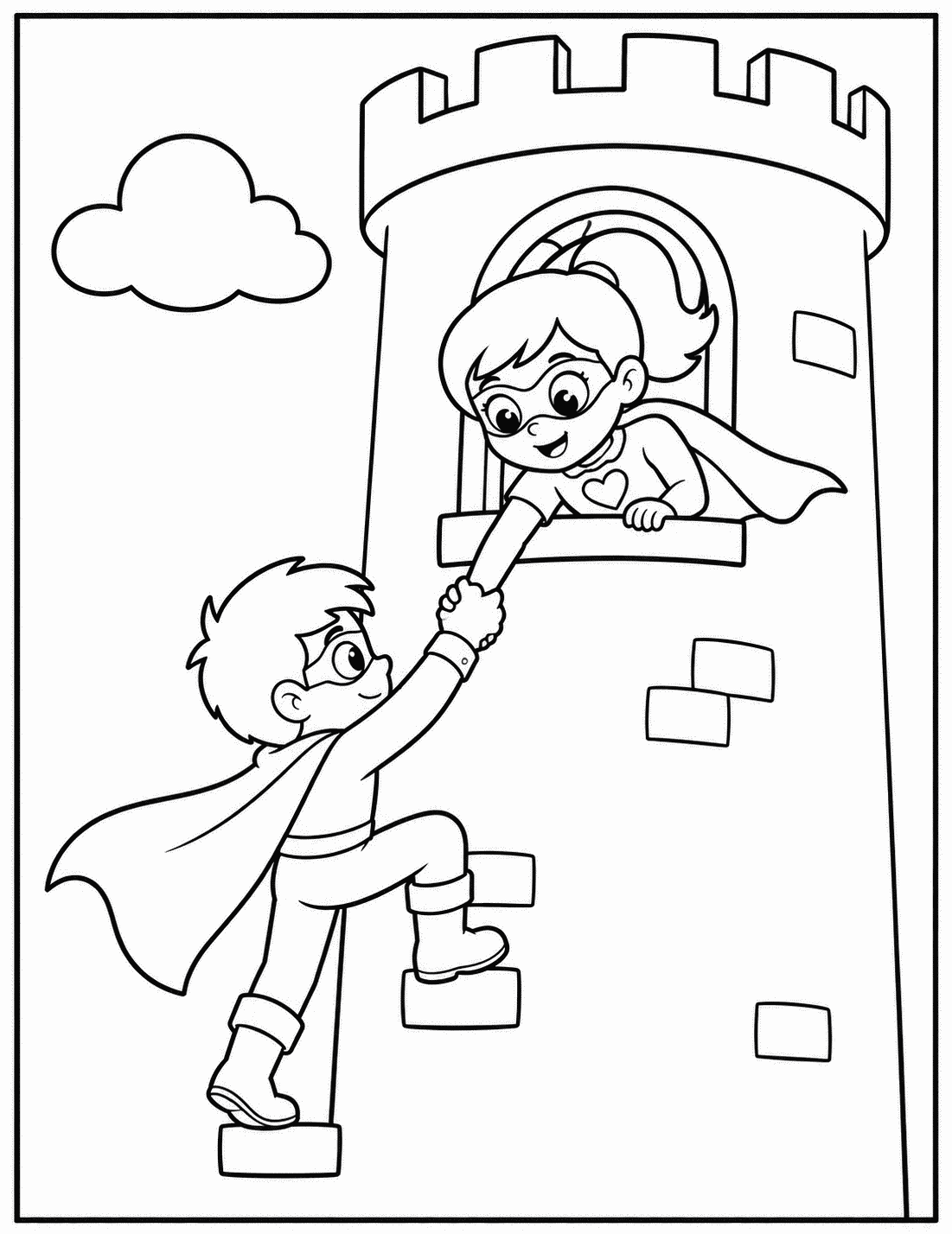 Outline drawing of a superhero boy climbing a castle tower to reach a caped girl at a window