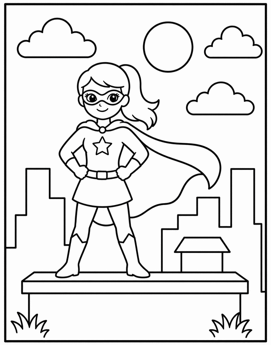 Outline drawing of a masked superhero standing on a rooftop overlooking the city skyline