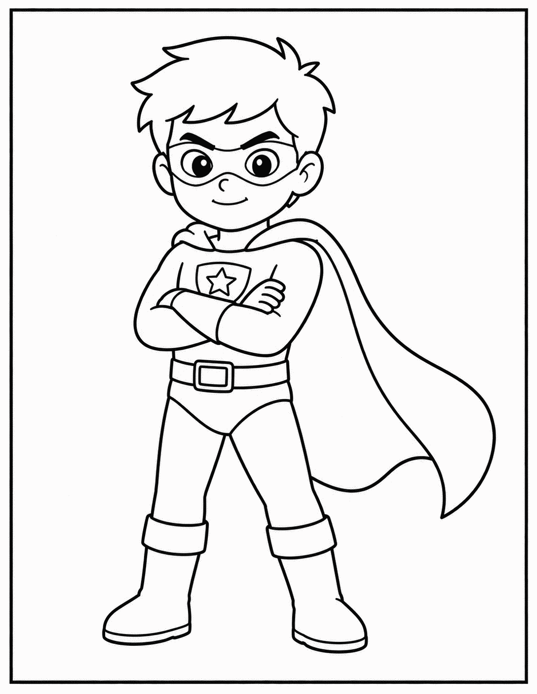 Outline drawing of a superhero boy standing with arms crossed and a shield emblem on his chest