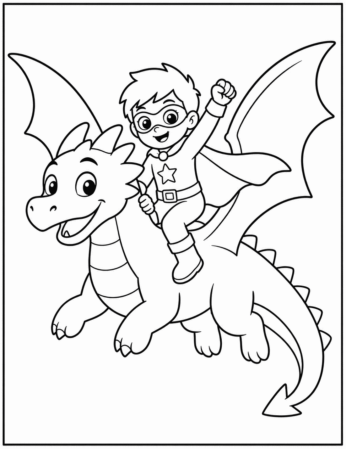 Outline drawing of a superhero boy riding a winged dragon with fist raised