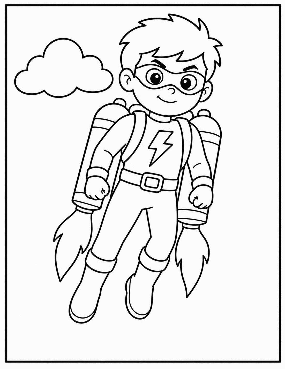 Outline drawing of a superhero boy flying with two rocket boosters and a lightning bolt emblem