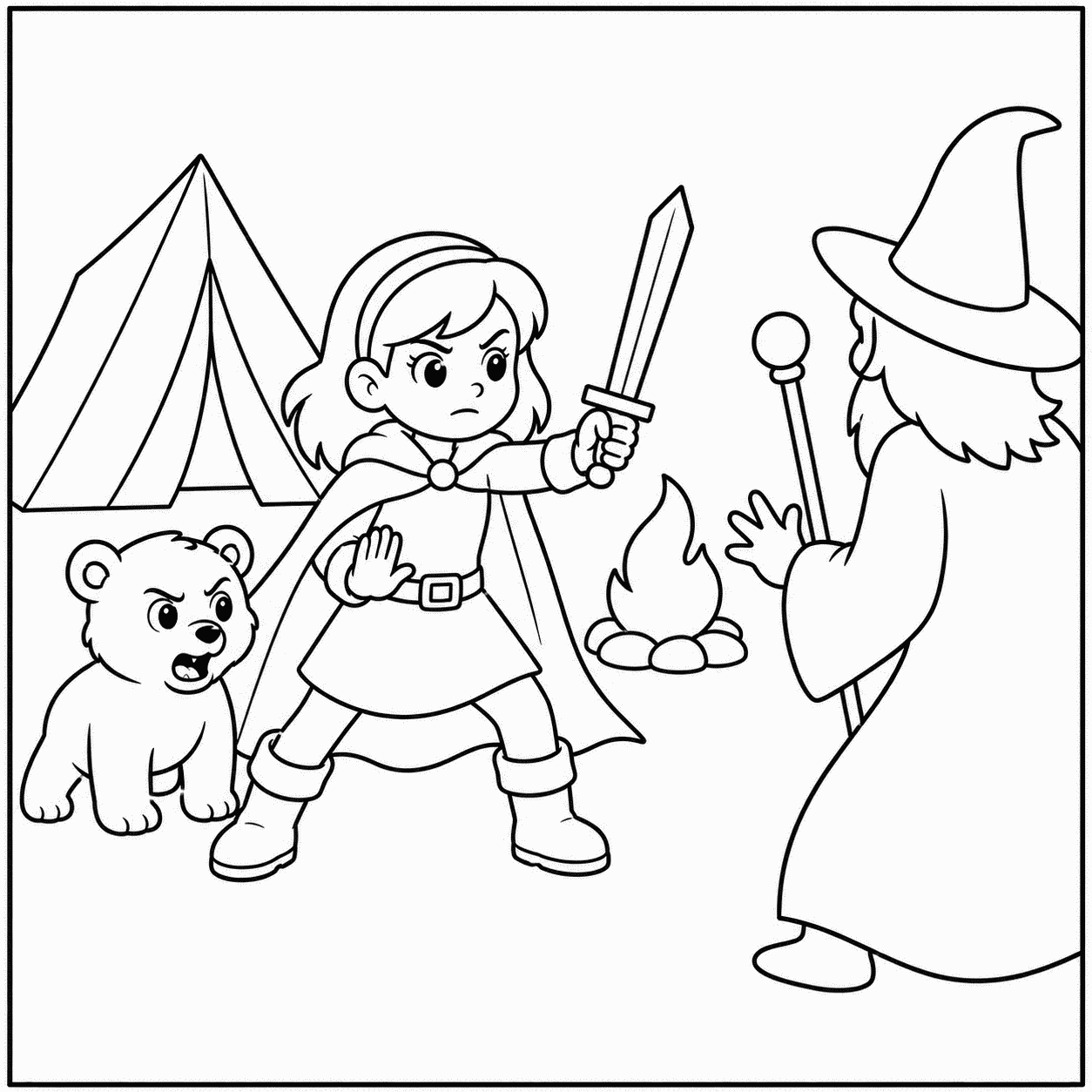 Outline drawing of a superhero girl holding a sword next to a bear cub and a campfire, facing a wizard
