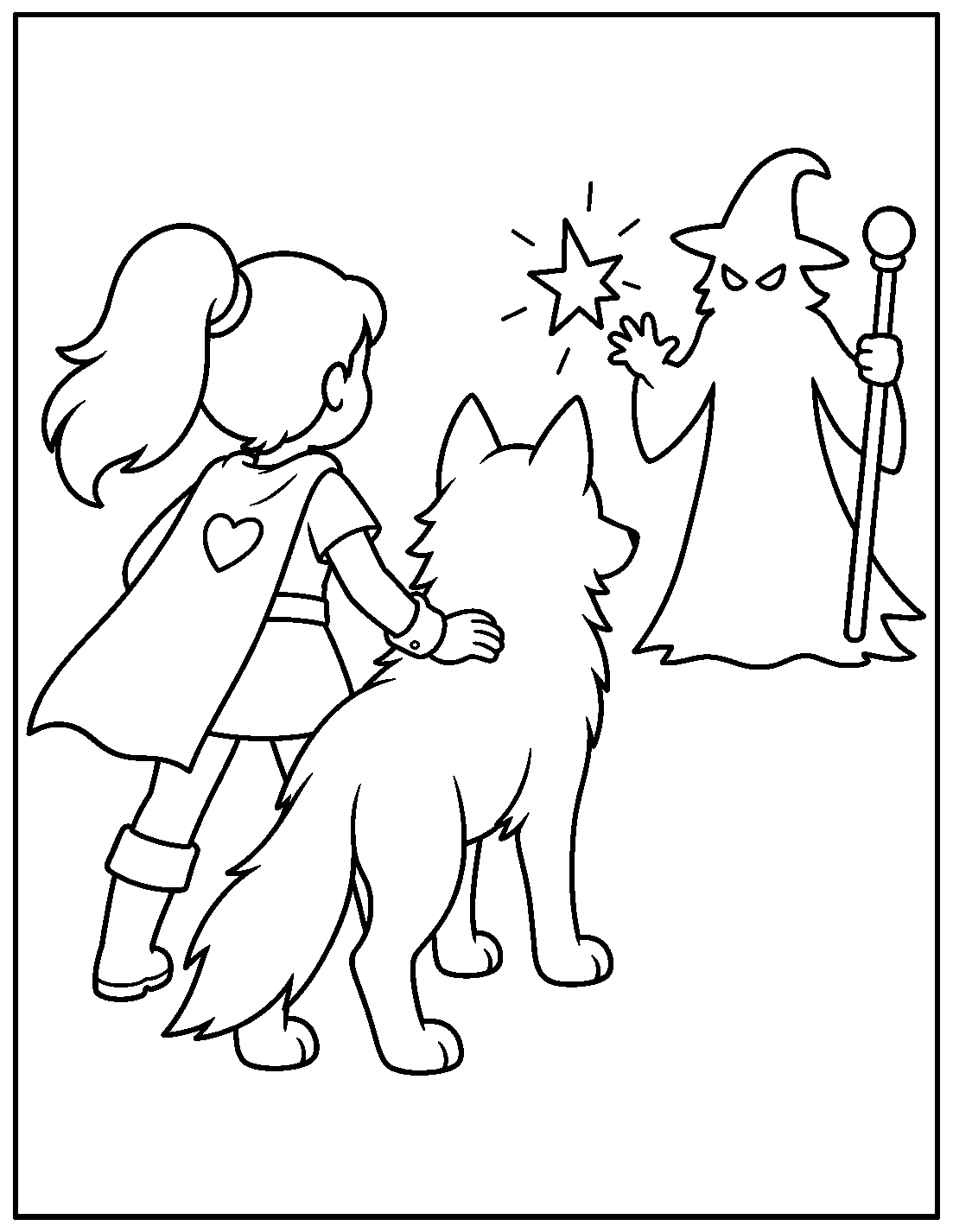 Outline drawing of a superhero girl with a heart emblem next to a wolf, with a wizard casting a star-shaped spell