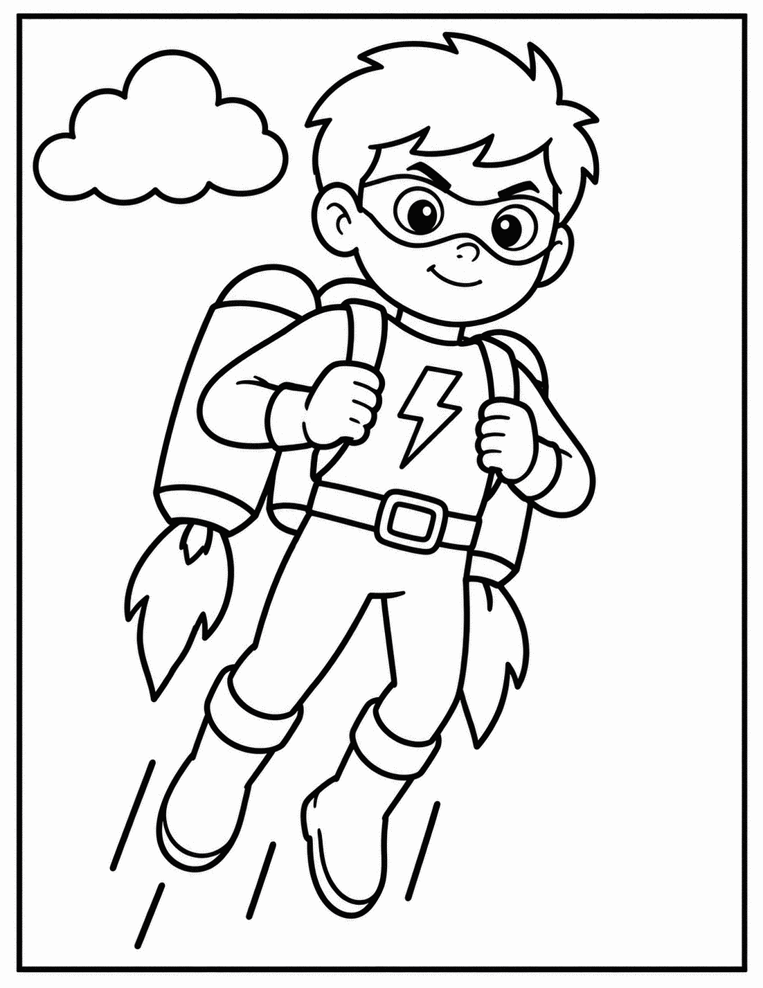Outline drawing of a superhero boy flying with a rocket jetpack and flame trail