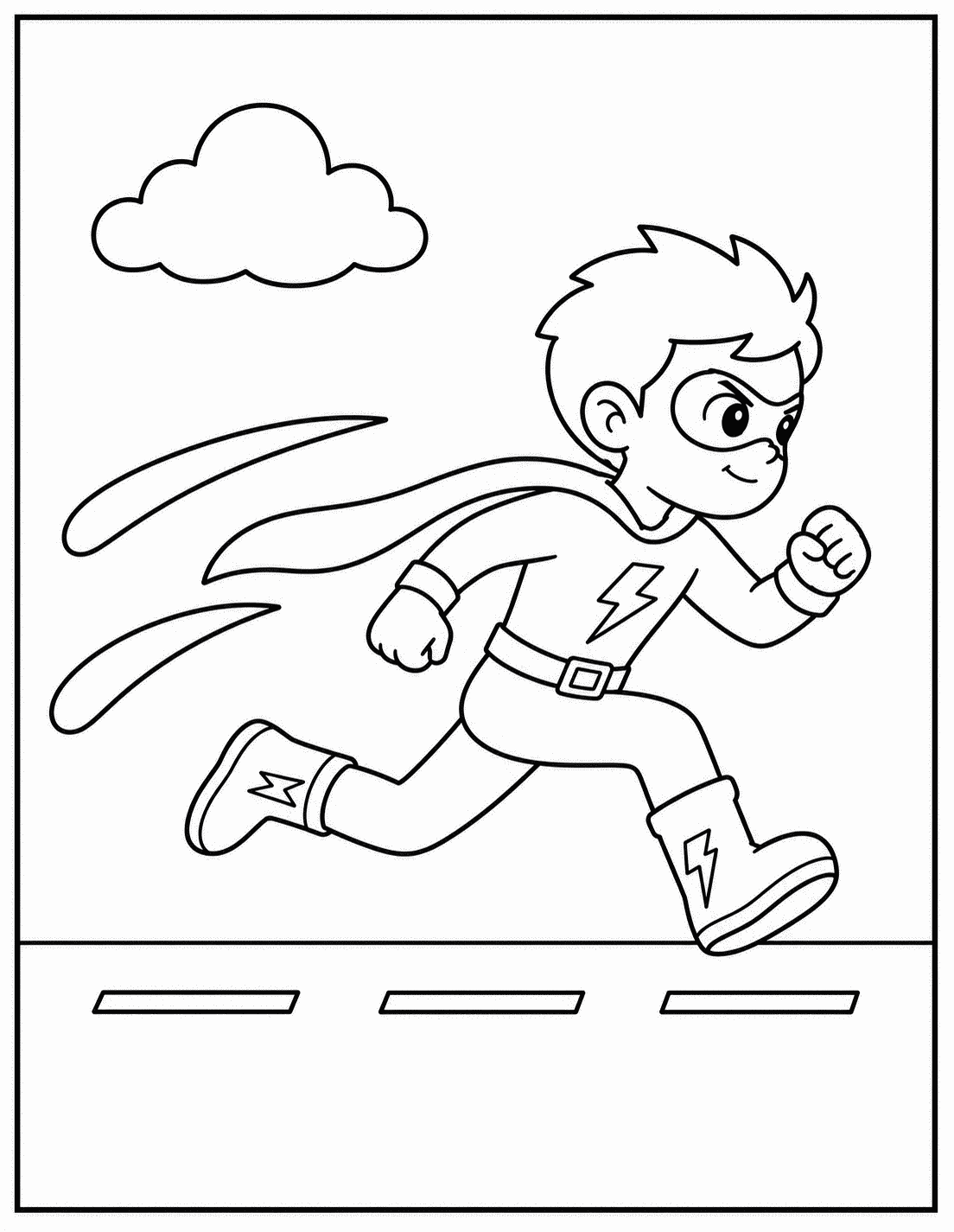Outline drawing of a superhero boy sprinting along a road with a lightning bolt emblem and cape trailing