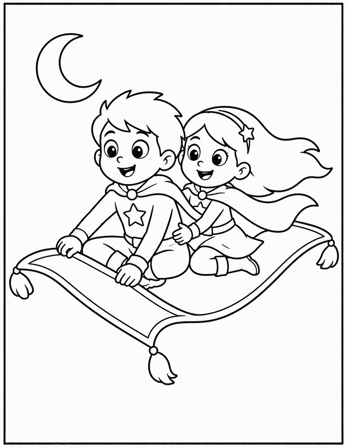 Outline drawing of a superhero boy and girl riding a flying carpet under a crescent moon