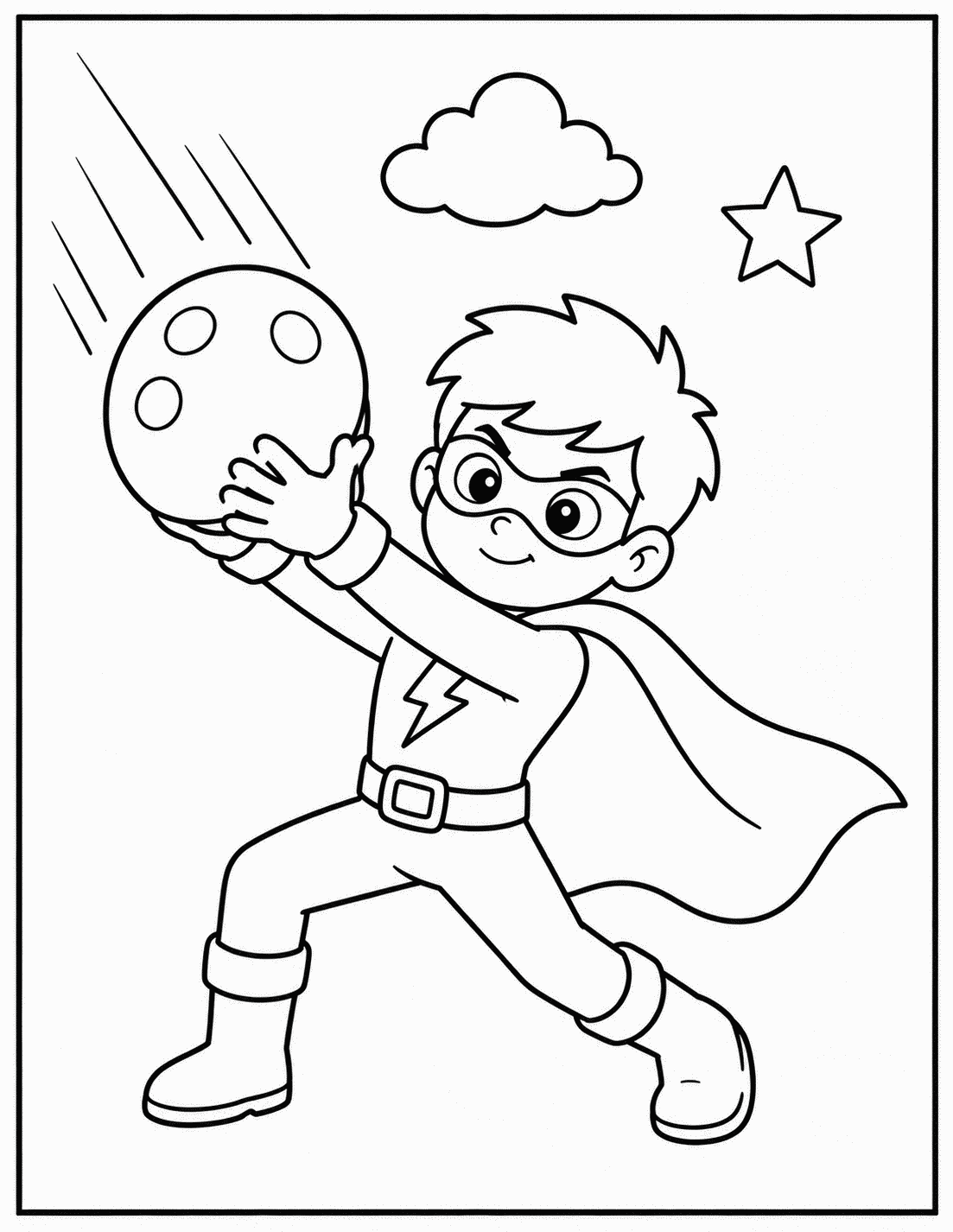 Outline drawing of a superhero boy catching a falling meteor with streak lines and a star in the sky