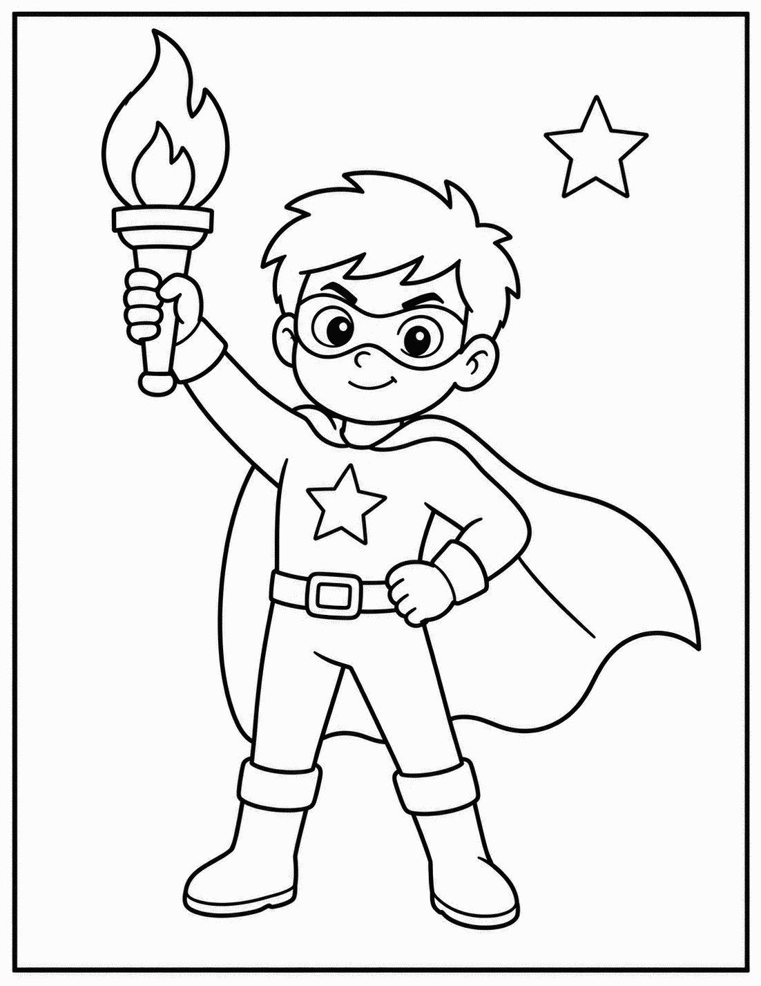 Outline drawing of a superhero boy holding a flaming torch overhead with a star in the sky