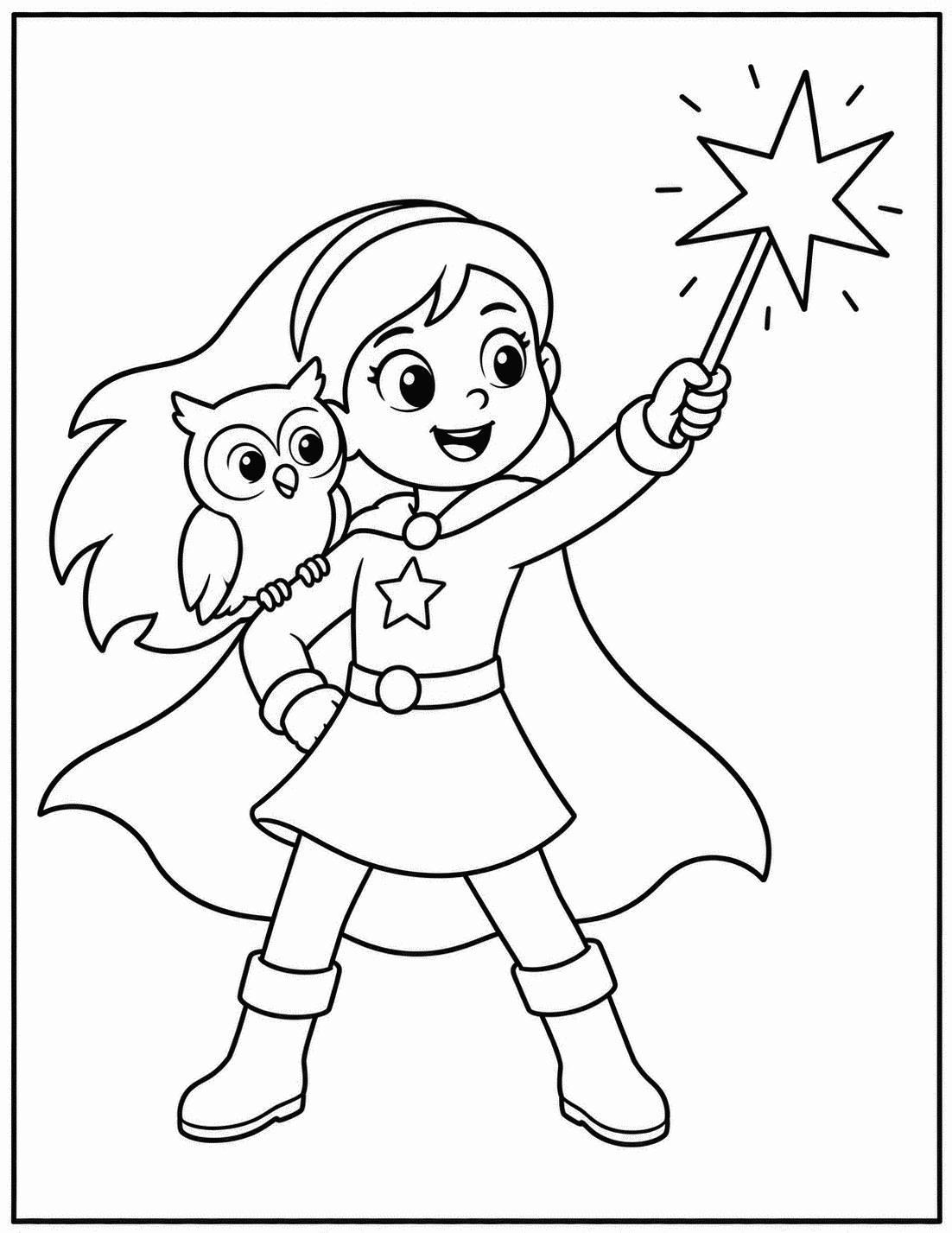 Outline drawing of a superhero girl holding a star wand with an owl sidekick on her shoulder