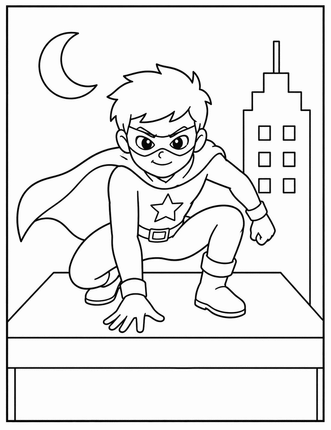 Outline drawing of a superhero boy crouched on a rooftop ledge with a crescent moon and city building