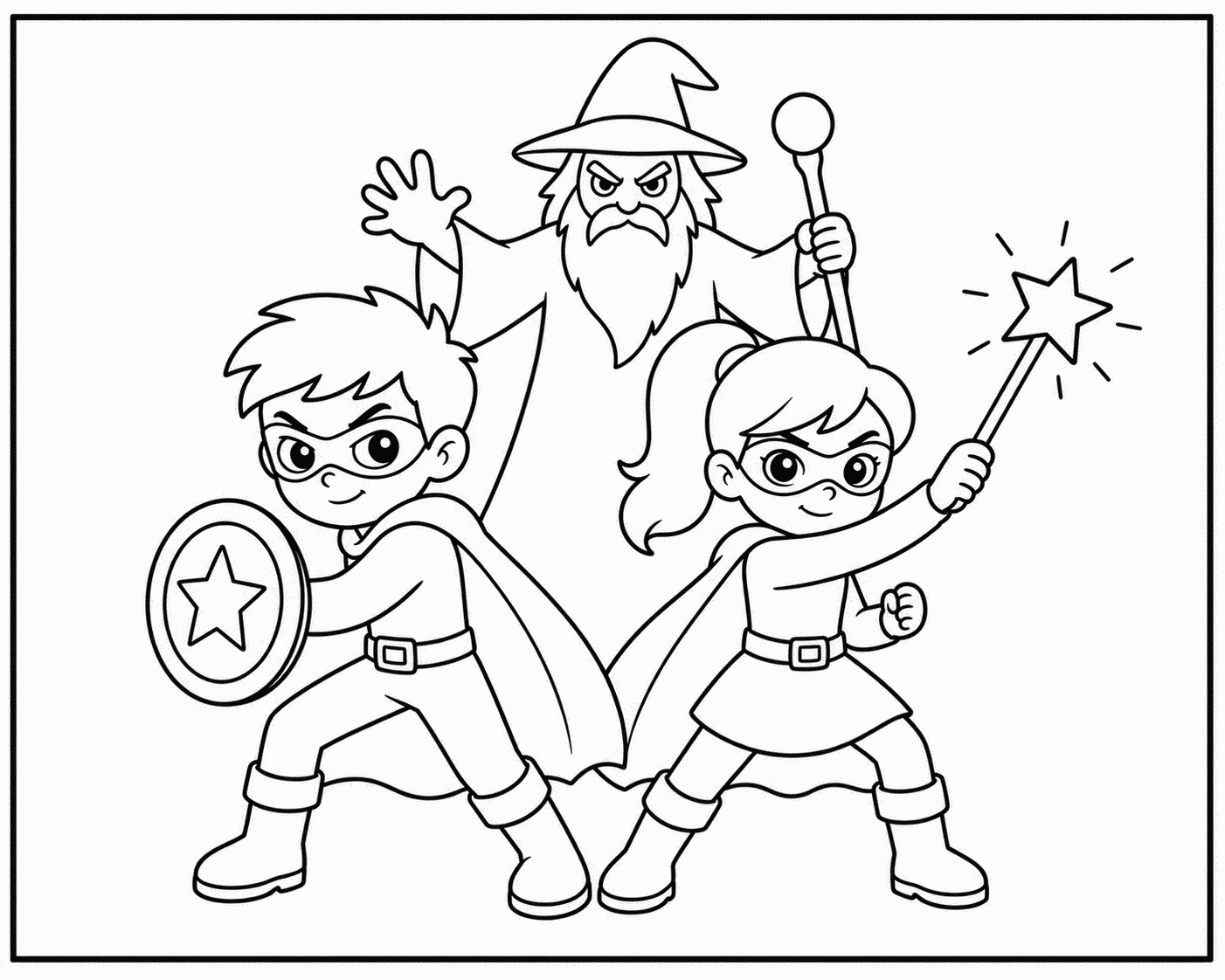 Outline drawing of a superhero boy and girl facing off against a robed wizard with a staff