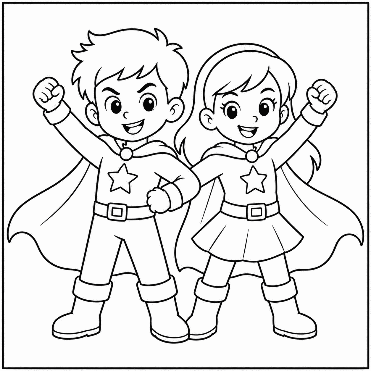 Outline drawing of a superhero boy and girl standing together with matching star emblems and raised fists