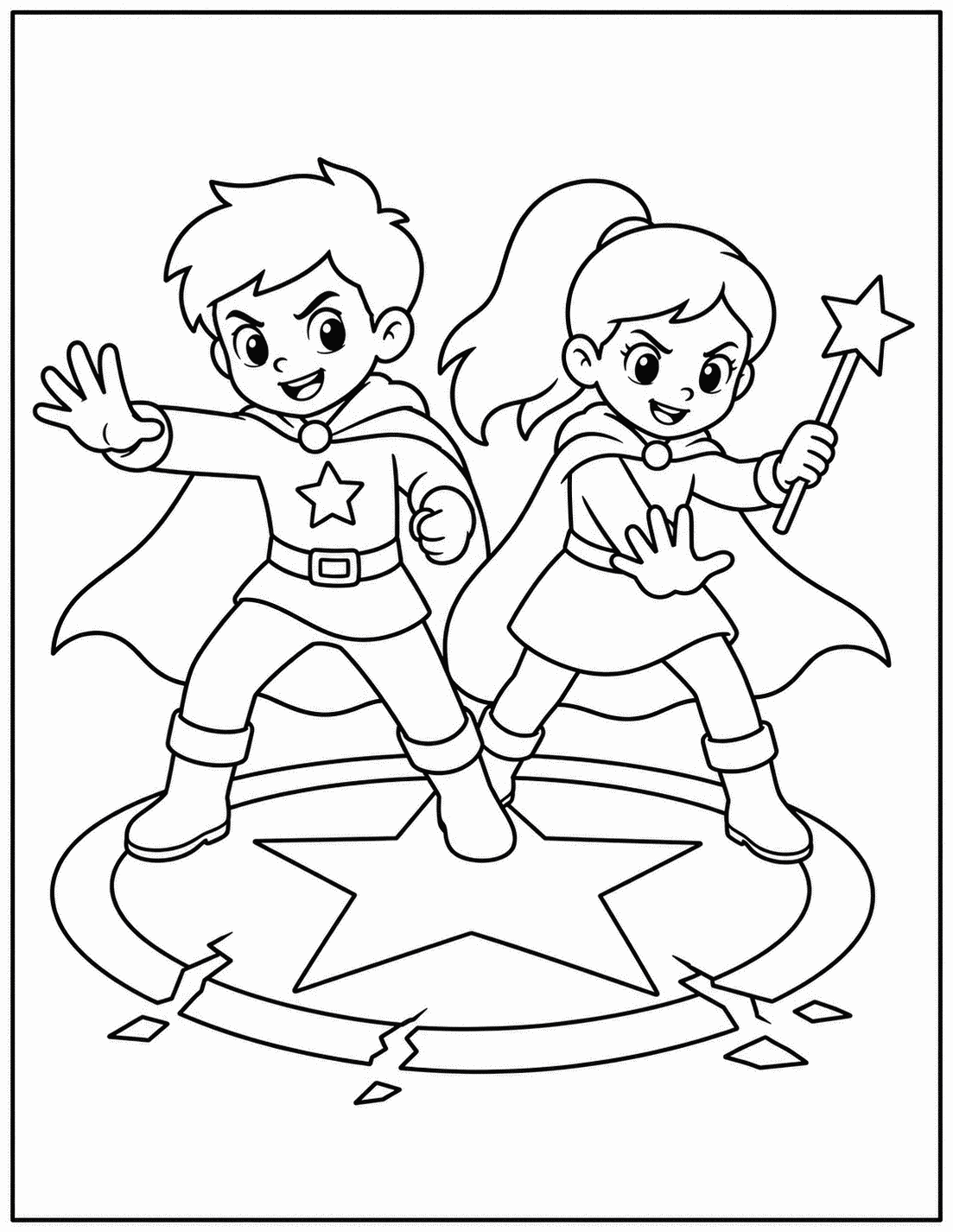 Outline drawing of a superhero boy and girl standing on a cracked star platform with a wand and raised hands