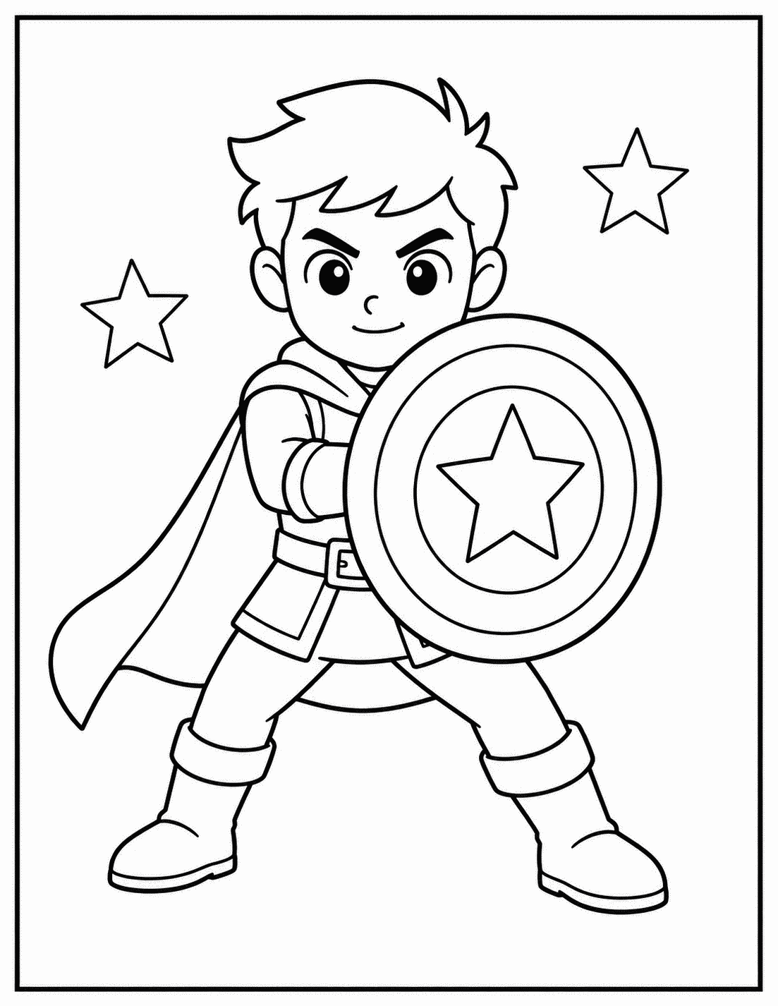 Outline drawing of a superhero boy holding a large round shield with a star in the center