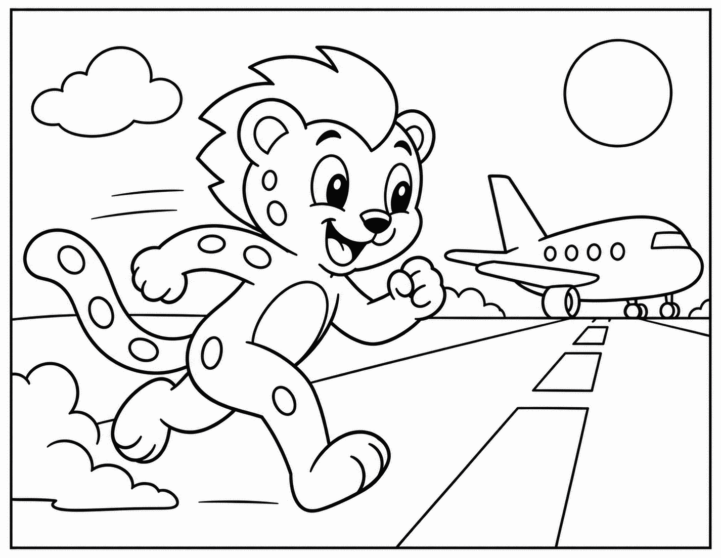 Outline drawing of a cheetah-like speedster superhero running down an airport runway next to an airplane