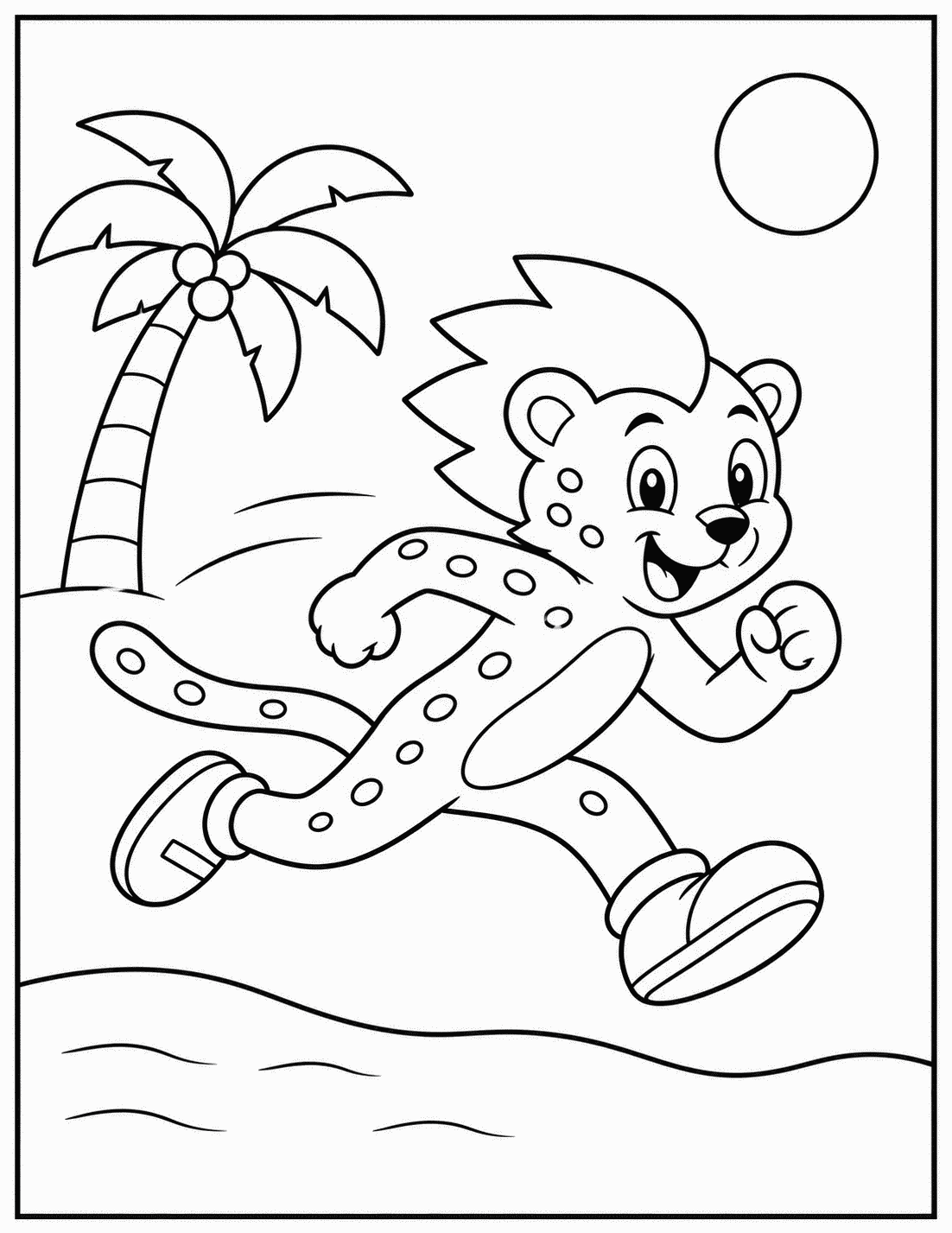 Outline drawing of a cheetah-like speedster superhero running along a beach with a palm tree and sun
