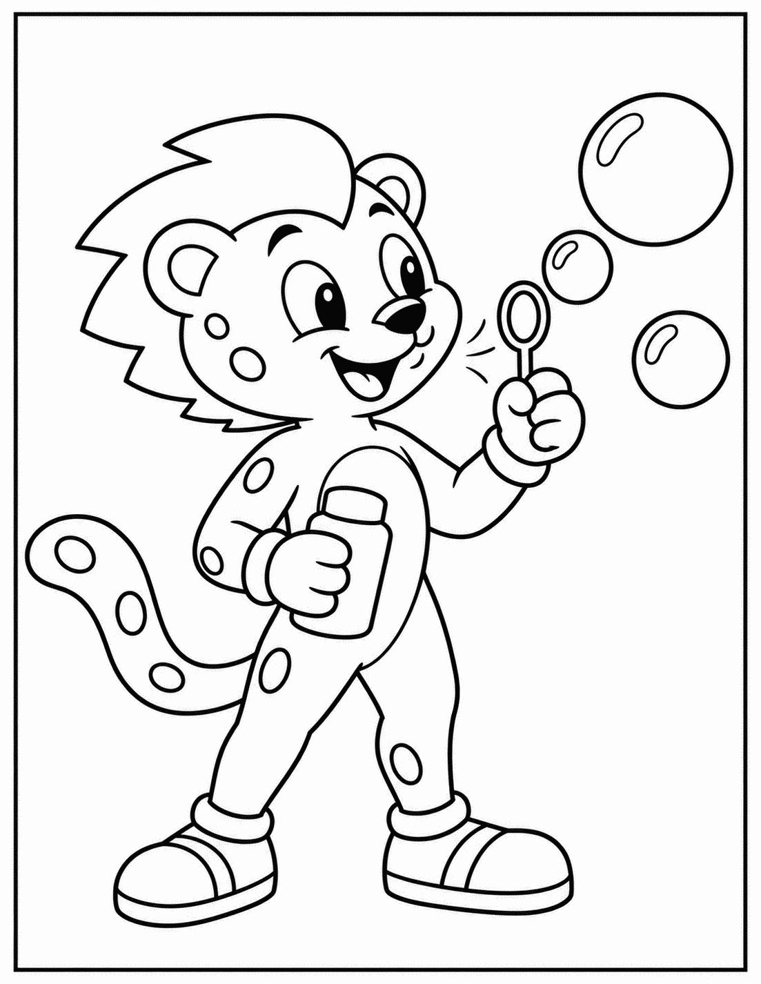 Outline drawing of a cheetah-like speedster superhero blowing bubbles with a wand next to a bottle of bubble solution