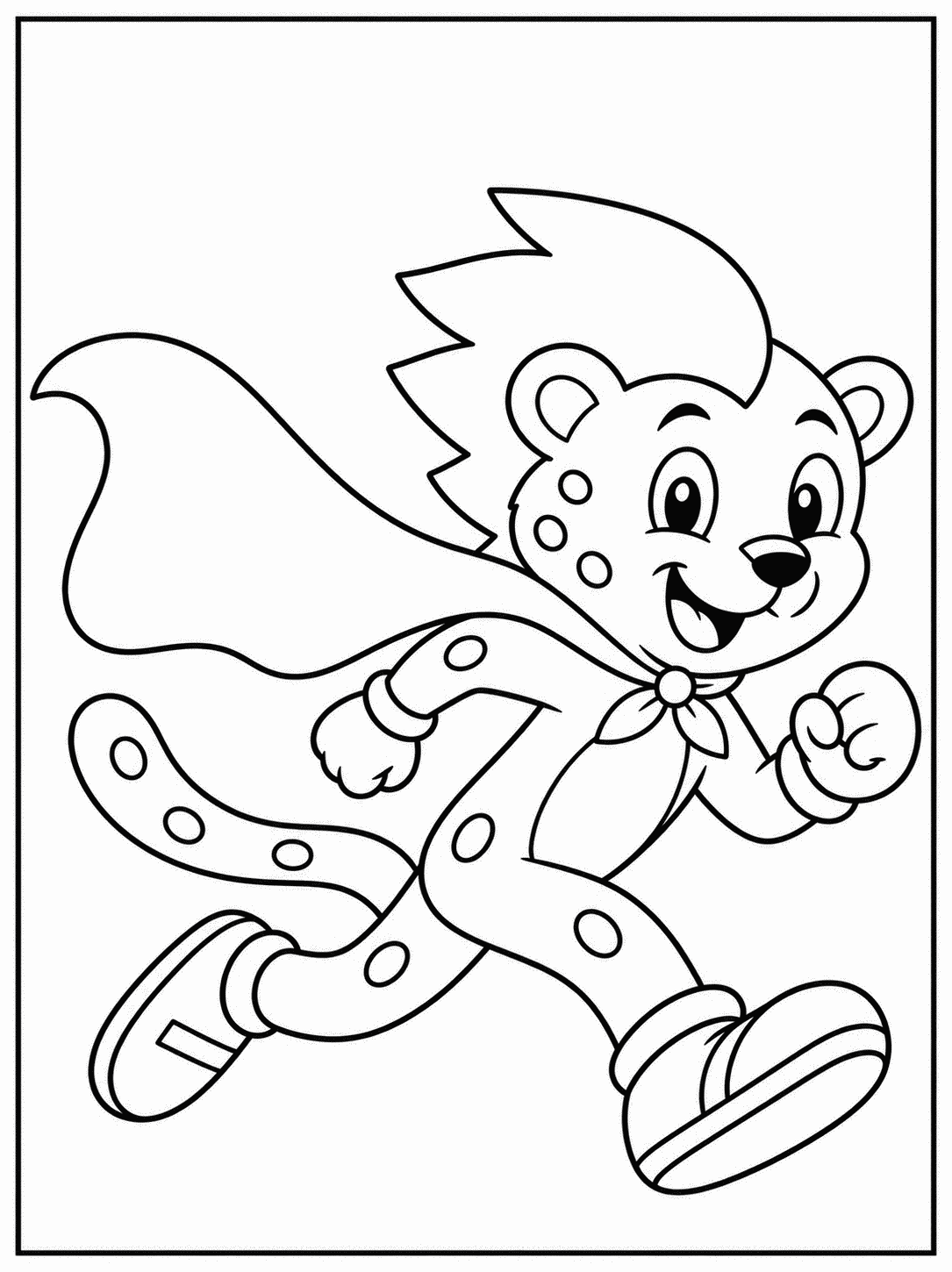 Outline drawing of a cheetah-like speedster superhero wearing a long flowing cape and a neck bandana while running